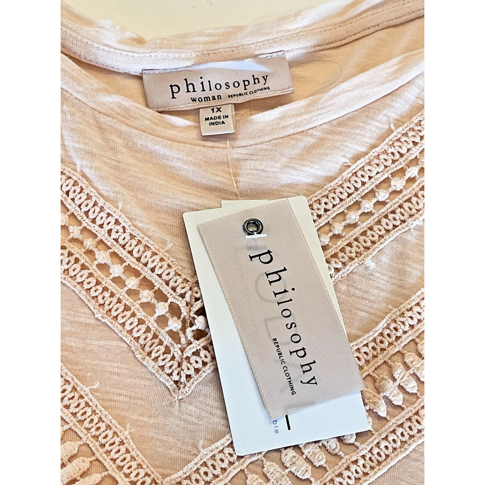 NEW Philosophy Modal Knit Top Women SZ 1X Lace Ruffle Pale Peach Soft Breathable